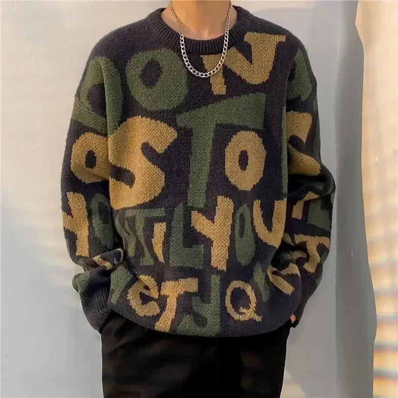 Mens Clothing Coat Crewneck Jacket Knit Sweater Male Round Collar Letter Pullovers Large Big Size Winter Thick Tops Trend 241018