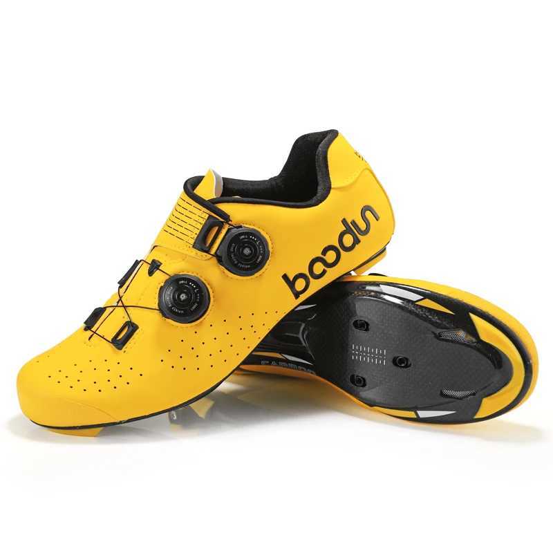 Boodun carbon fiber road cycling shoes black red yellow double spine buckle ultra light cycling shoes self-locking cycling sports shoes CL241018