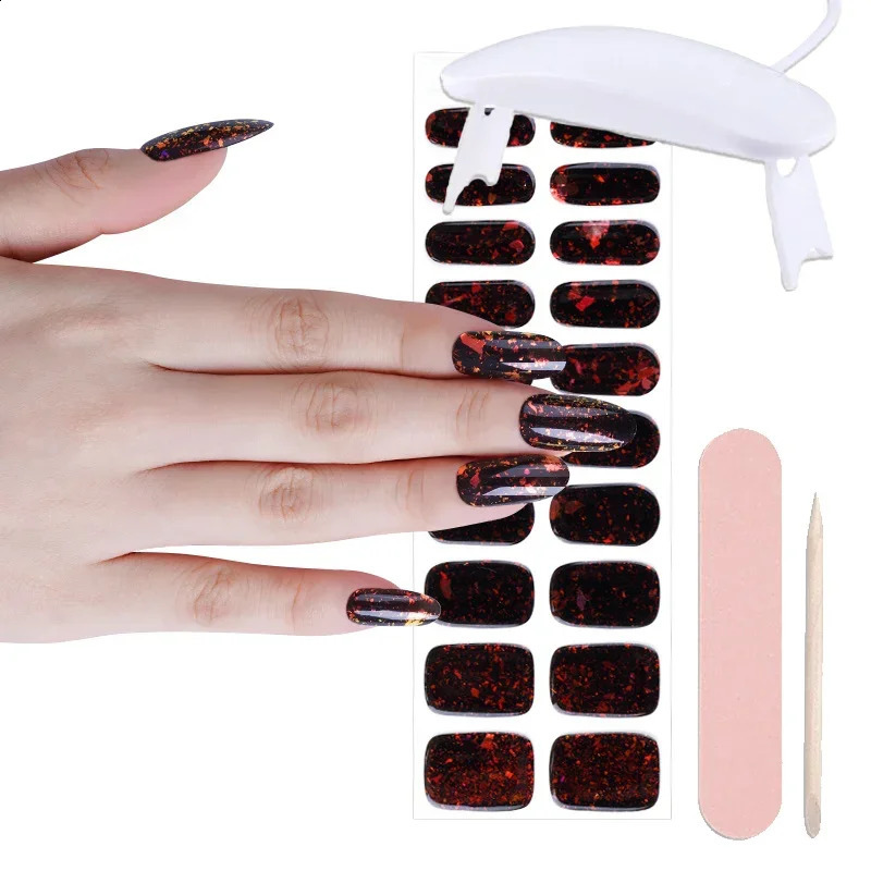 Semi-Cured Gel Nail Patch Set 20 Sheet with UV Lamp Adhesive Solid color shiny Sliders Long Lasting Full Cover Nail Gel Wrap 241017