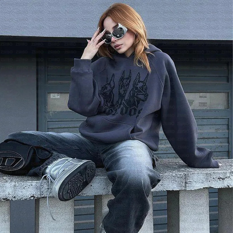Y2k Hip Hop Rhinestone Gothic Grunge Graphics Pullover Hoodies Harajuku High Street Hooded Grey Sweatshirts Coats Streetwear Top 241017