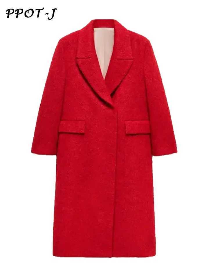 Red Woolen Lapel Women Coat Full Sleeve Loose Pocket Lady Maxi Outwear 2024 Elegant Office Autumn Winter Back Split Female TopX241009