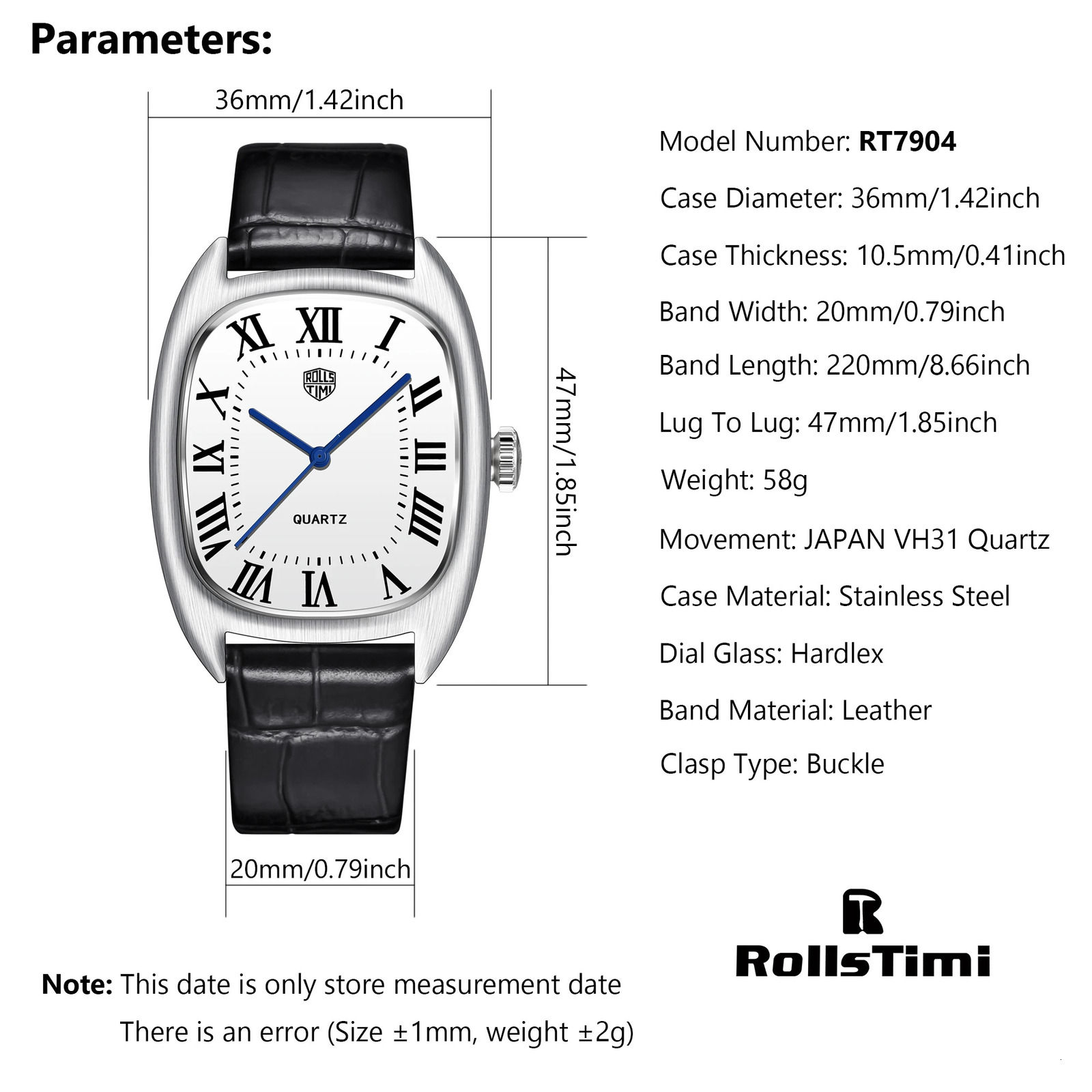 RollsTimi Oval Mens Watch Top y Quartz Fashion Waterproof VH31 Gift Leather 241009