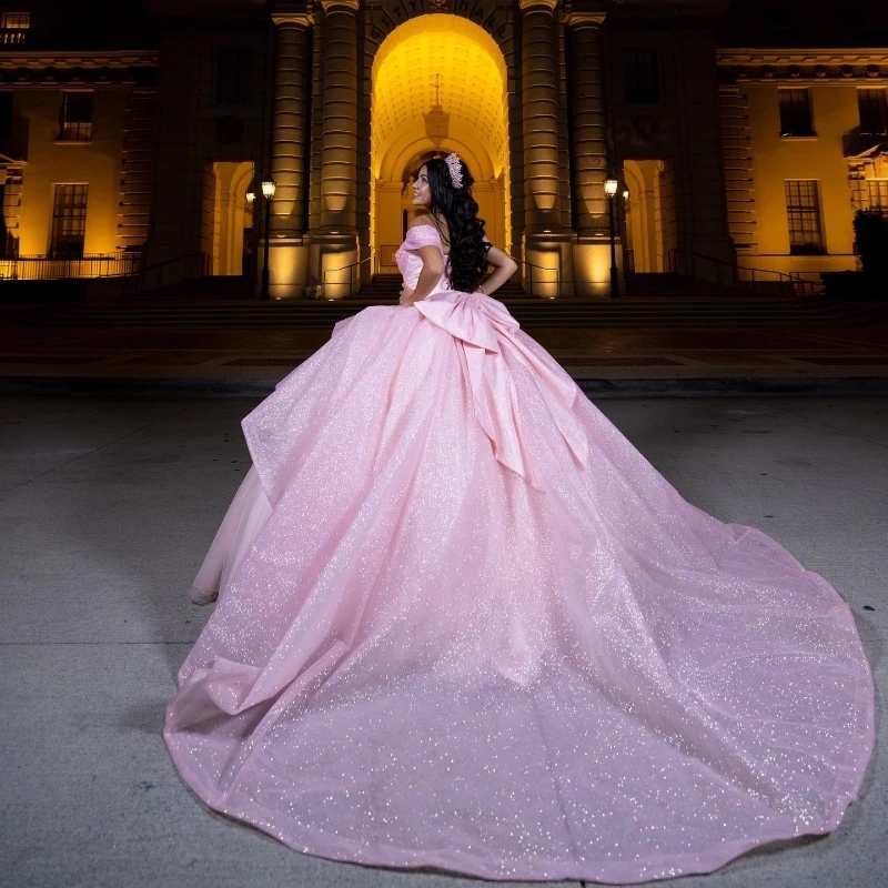 Sparkly Pink Sweetheart Off the Shoulder Princess Ball Gown Quinceanera Dresses Appliques Crystal Tull Sweet 16 Dress vestidos de 15 anos