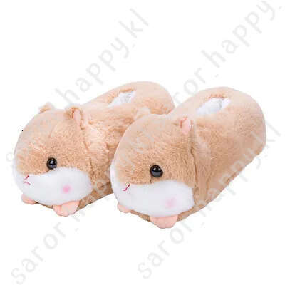 Cute Cartoon Hamster Design House Women Fur Slippers Gray Pink Brown Winter Warm Ladies Plush Shoes Onesize Fluffy Girls Slides 25