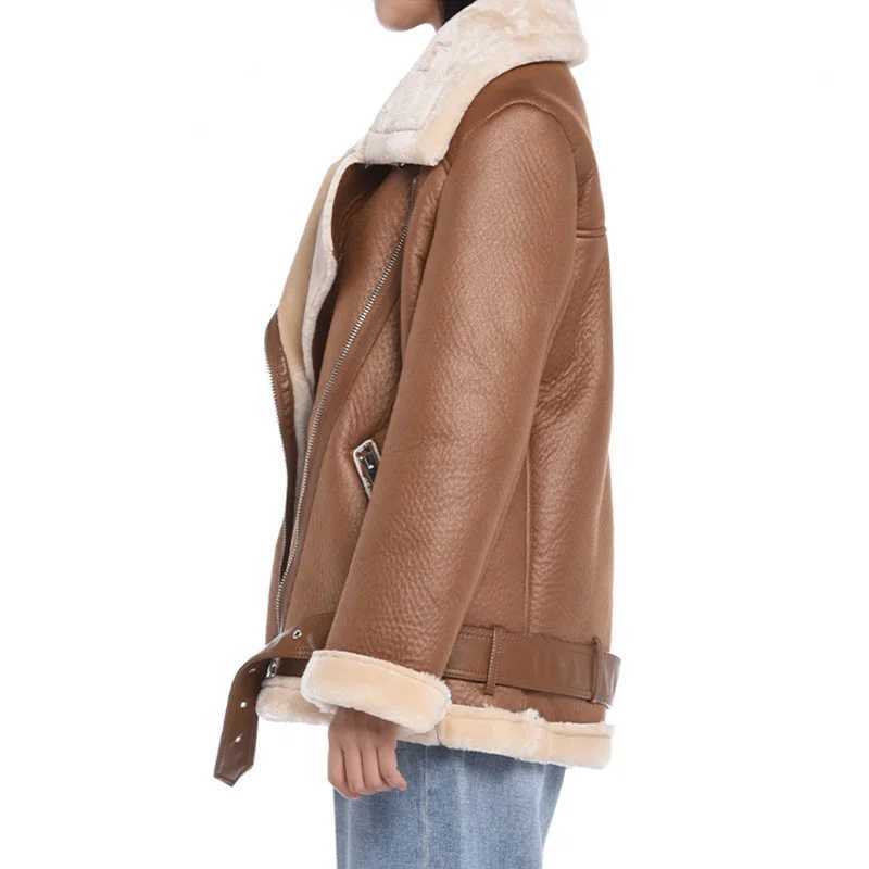 New Women Winter Lambs Wool Jackets Fur Collar Zipper Parka Warm Thick Outerwear Faux Lamb Leather Jacket Leather CoatX241018
