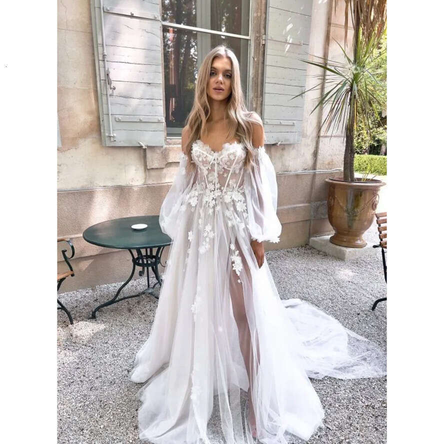 E Boho Dresses A Appliques Puffy Sleeve Tulle Designer Bridal Gowns Sweep Train Wedding Dress ppliques