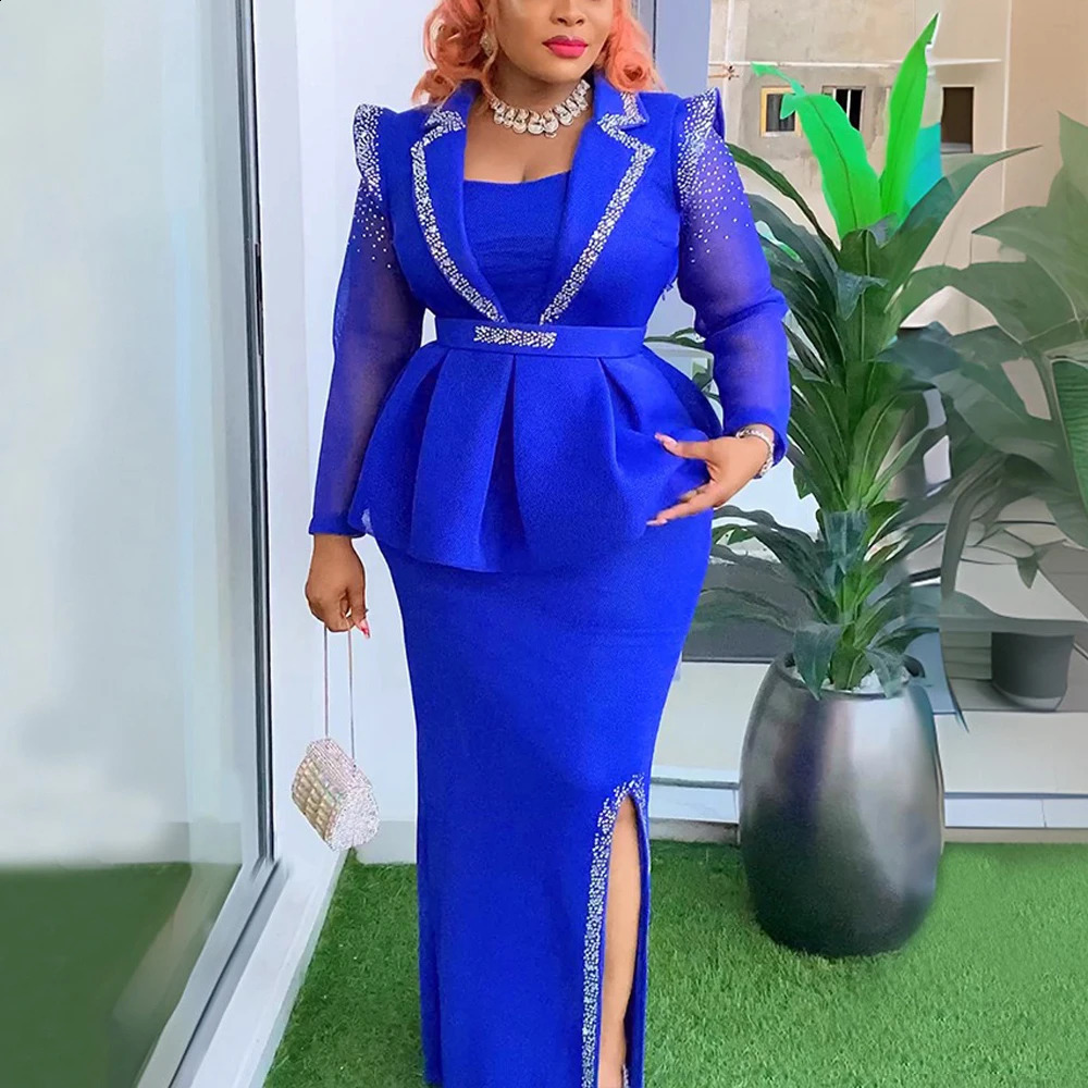African Womens Elegant 2024 Square Collar Diamond Full Sleeve Waist Belt Side Split Floor Length Birthday Dress 241017