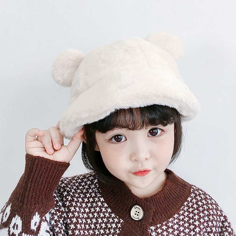 Korean Winter Baby Plush Bucket Hat Solid Faux Fur Warm Kids Fisherman Cap Cute Leopard Print Warm Toddler Panama Bonnet LX241018
