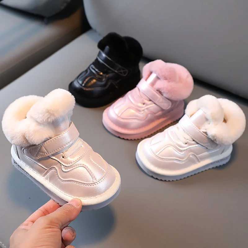 Boots New winter girls snow boots childrens PU leather waterproof and warm shoes childrens non slip casual shoes with cashmere boys shoes H241018