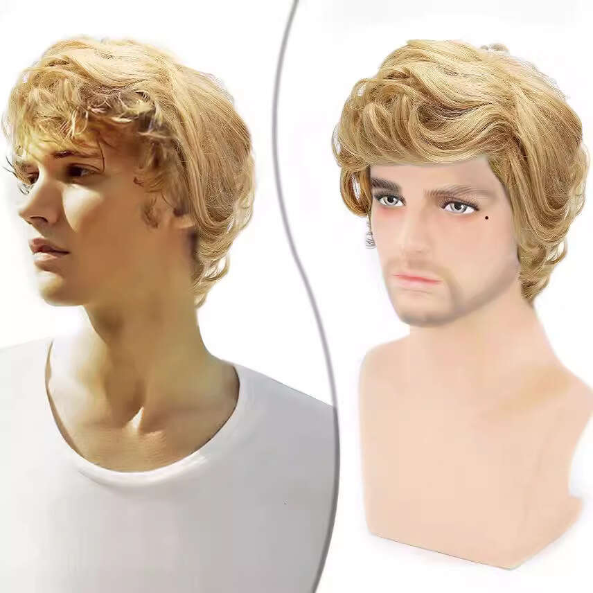 Men's Set With Golden Curls, Men's Short Curly Hair Full Head Wig