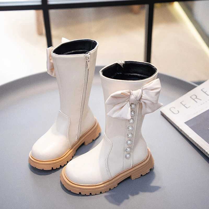Boots Girls High Boots with Bow-knot Non-slip Fashion Children Pearls Elegant Princess Boots Side Zipper Kids Leather Long Boots H241018