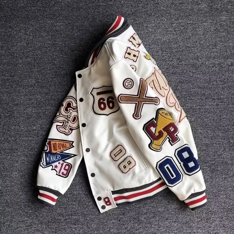 Y2K Baseball Uniform Jackets retro trend leather jacket Multiletter embroidery white short coat Mens spring and autumn 241018