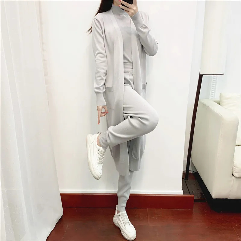 Knitted Pants Sets Women 3 Piece Sets Long Cardigans Autumn Winter Sweater Vest Coffee Fashion Pants Casual Loose Coat 241017