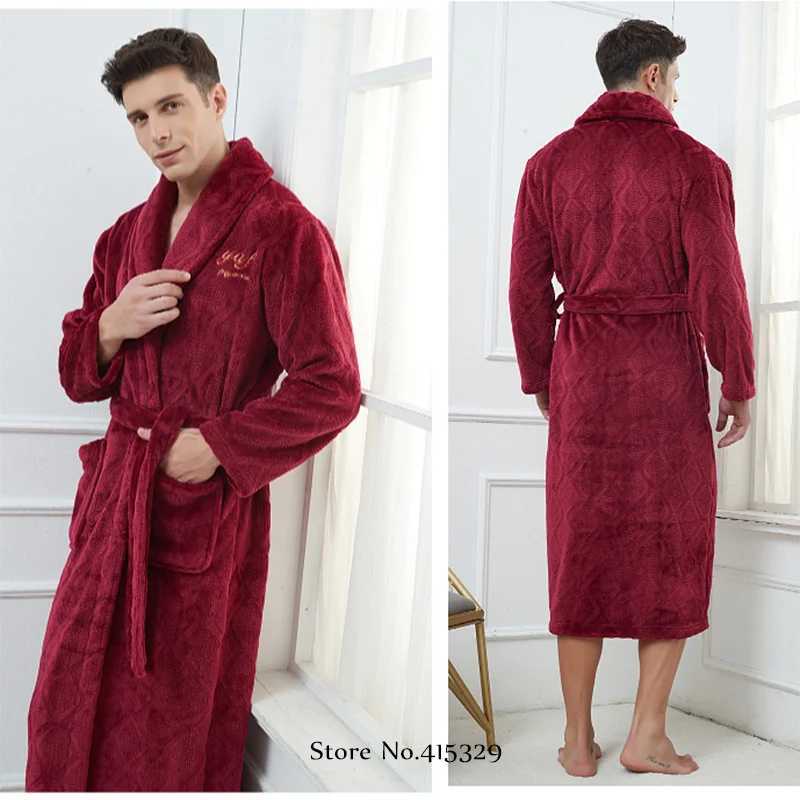Big Size 3Xl 4Xl Kimono Robe Gown Winter New Mens Homewear Coral Fleece Bathrobe Shower Peignoirs Loose Thicken NightwearXJ241018