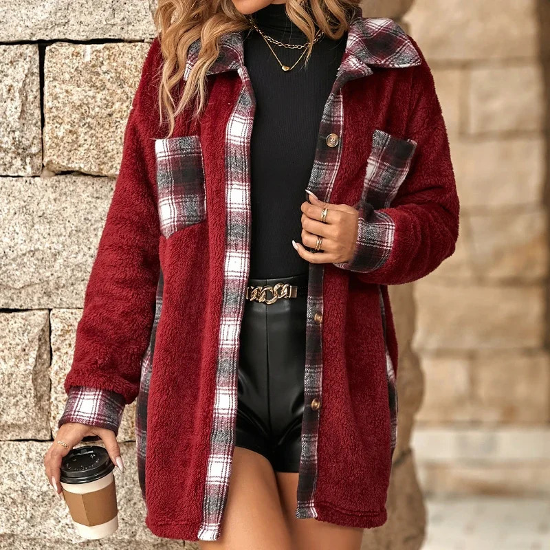 Womens Autumn and Winter Single Breasted Lapel Mid Length Plaid Plush Jacket Coats Long Coat Women Warm 241018