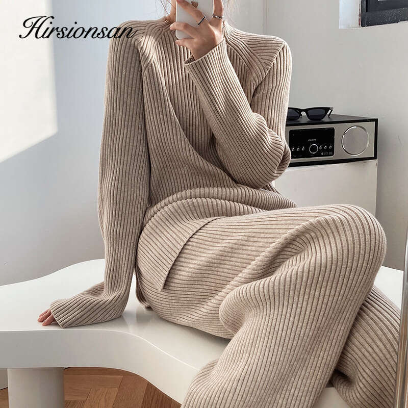 Hirsionsan Soft Cashmere Knitted Sets Women 2023 Autumn Winter Casual Two Pieces Sweater And Pants Outfits Solid Tracuit Lady