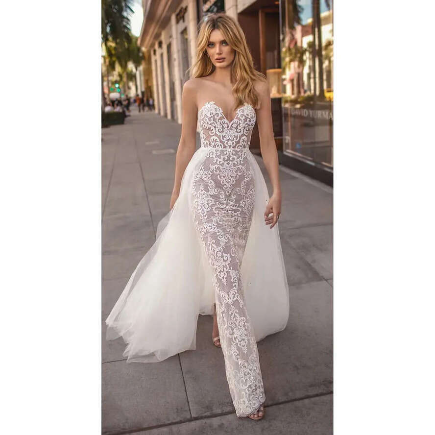 Sweetheart By Neck Muse Berta Dresses Sheer Full Lace Applique Bridal Gowns Summer Or Length Wedding Dress With Overskirt