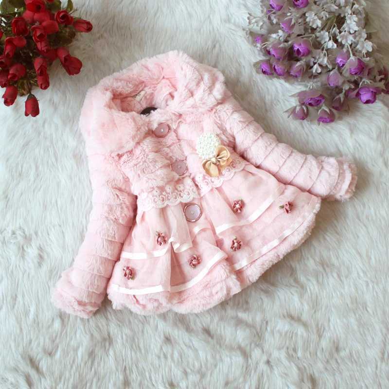 Fashionable childrens faux fur coat autumn warm plush baby jacket cute lace princess coat childrens girls clothing M241018