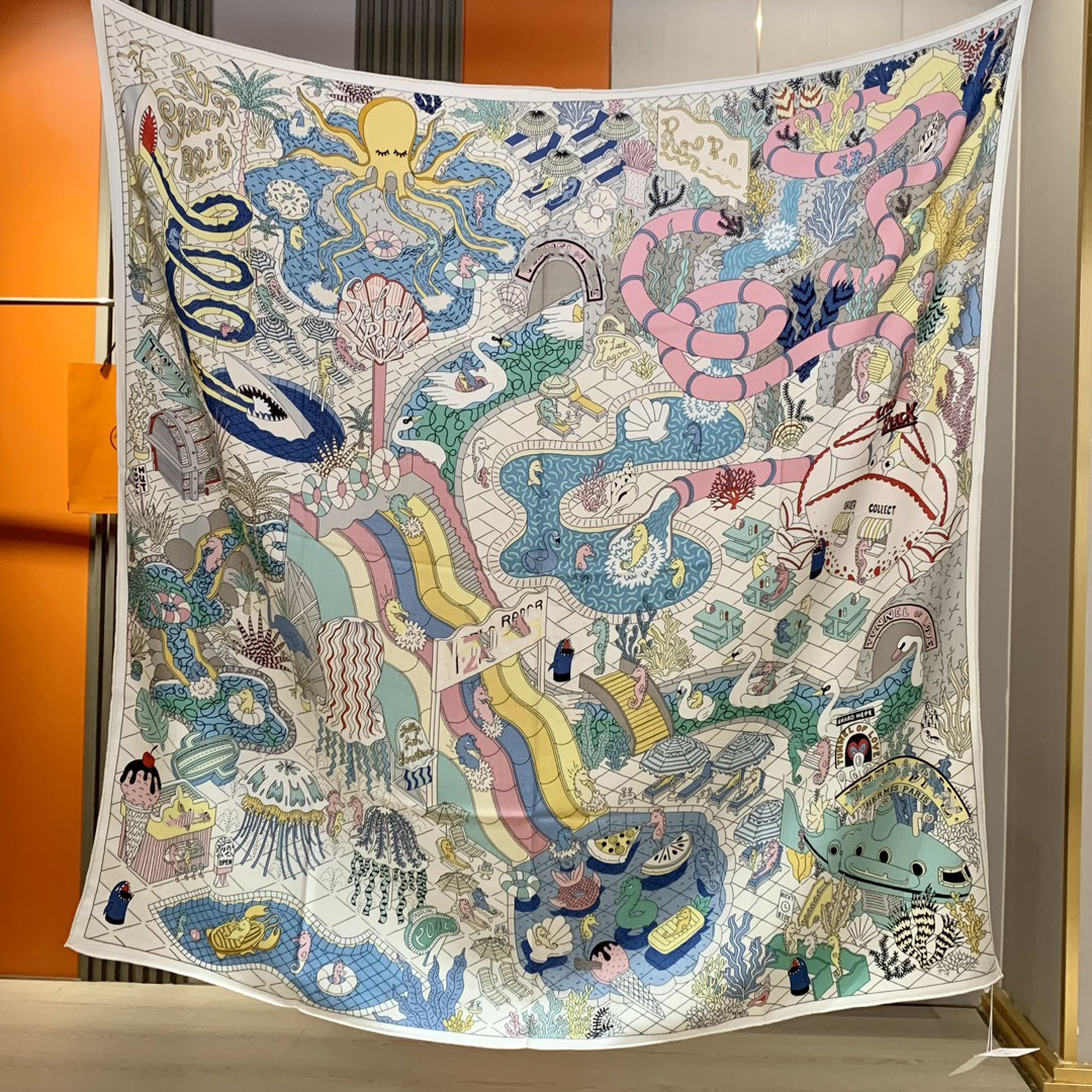 24SS 140*140cm designer silk cashmere scarf H 70% cashmere 30% silk hand-hemmed shawl Luxury double sided cashmere women Four Seasons scarf Water park pattern