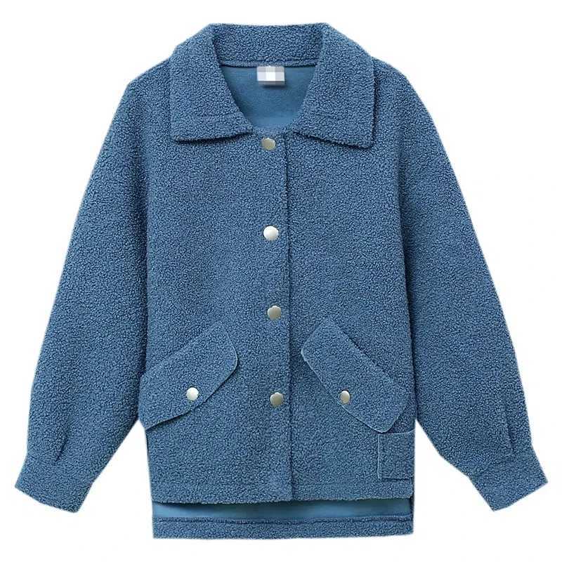 Womens Loose Long Sleeve Faux Lamb Wool Coat Round Neck Single Breasted Short Coats Female Korean Fashion Winter Plush JacketX241018