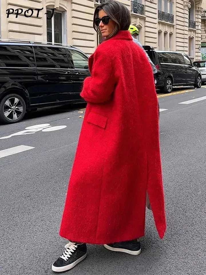 Red Woolen Lapel Women Coat Full Sleeve Loose Pocket Lady Maxi Outwear 2024 Elegant Office Autumn Winter Back Split Female TopX241009