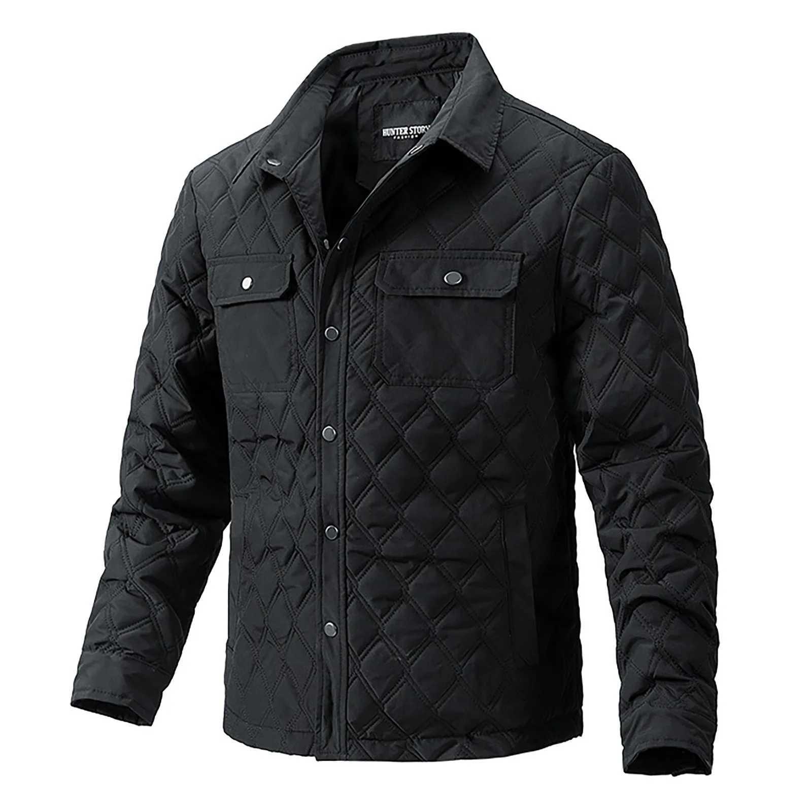 Diamond Plaid Casual Jacket Mens Autumn And Winter Padded Coats Double Pocket Lapel Cardigan Button Long Sleeve Hoodless Jackets LX241018