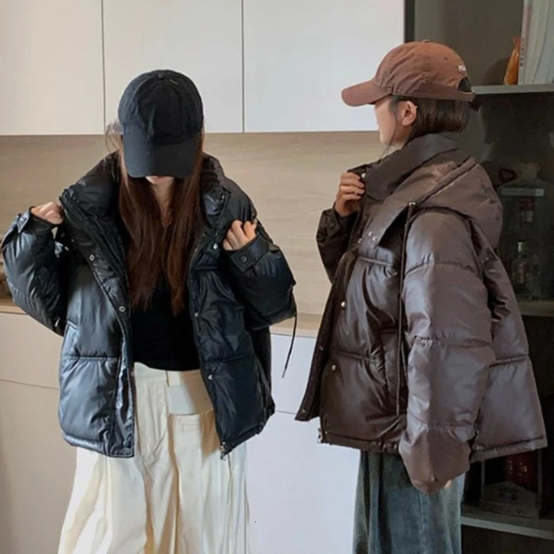 Rimocy American Vintage Brown Short Jacket Woman Fashion Warm Long Sleeve Parkas Autumn Winter Hooded Puff Coats 241018