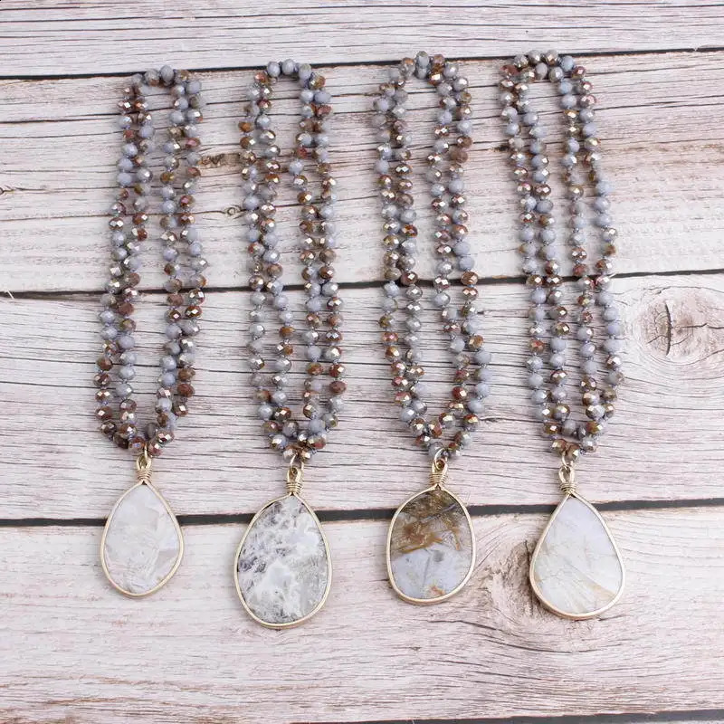 Matte gold Bordure irregular natural stone pendant necklace handmade 8mm glass bead knotted chain boutique jewelry 241018