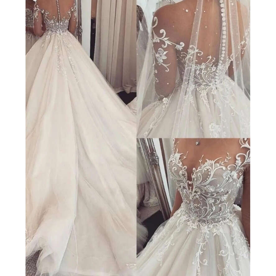 A E Dresses Gorgeous For Bride Lace Appliques Illusion Long Sleeves Wedding Dress Button Back Designer Bridal Gowns ppliques