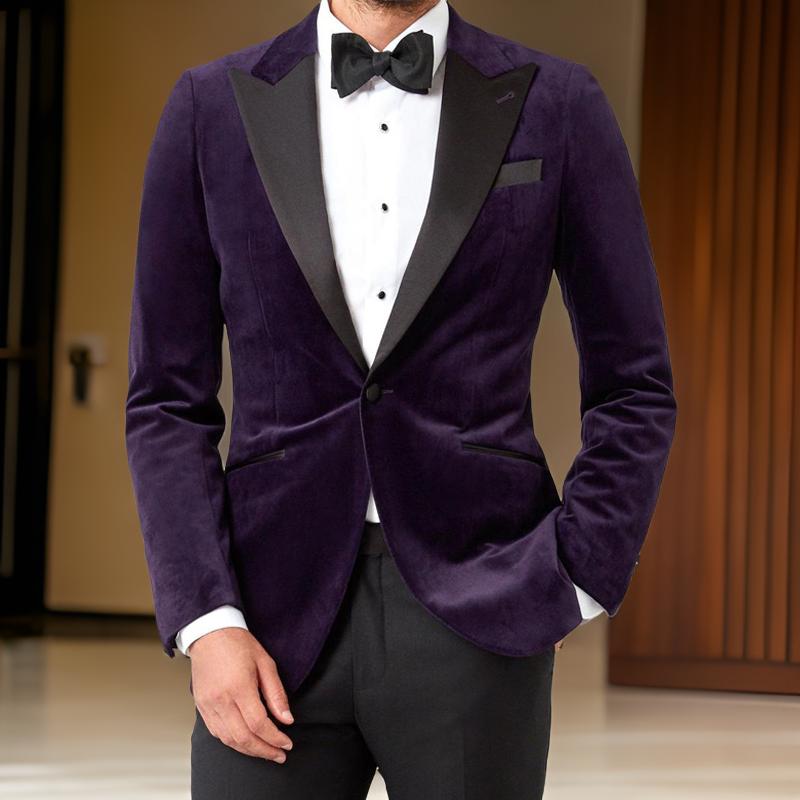 2 Pieces Velvet Men Suits for Prom Wedding Tuxedo for Groomsmen Purple Dinner Blazer with Black Pants Male Fashion Costume
