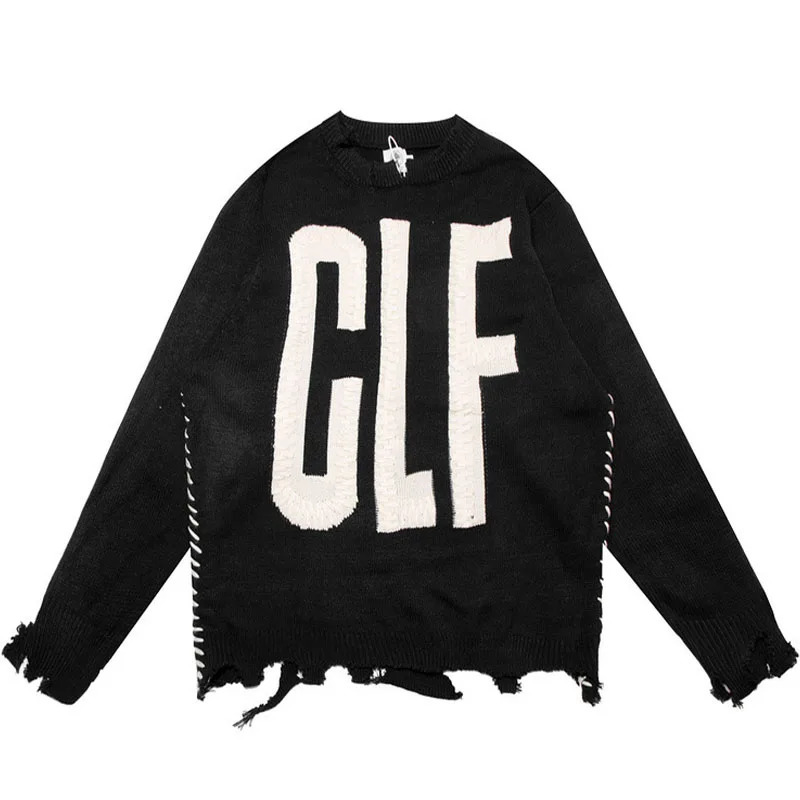 Black Letter Embroider Sweater Men Irregular Tassel Damaged Oversize Loose Pullover for Male 241018