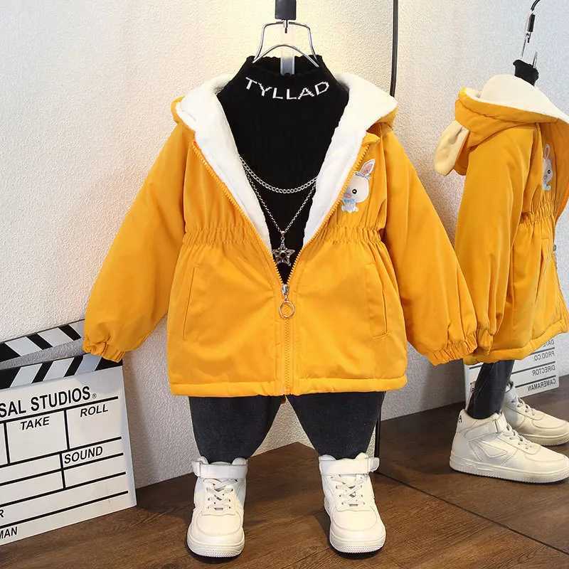 Fashion Girls Jacket with Velvet Autumn Girls Winter Coat Cartoon Rabbit Hooded Windproof Coat Childrens Clothing M241018