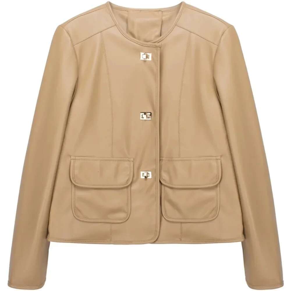 Artificial Women Spring Autumn New Fashion Round Neck Metal Buckle Leather Jacket 2024 Europe Popular Small Coat
