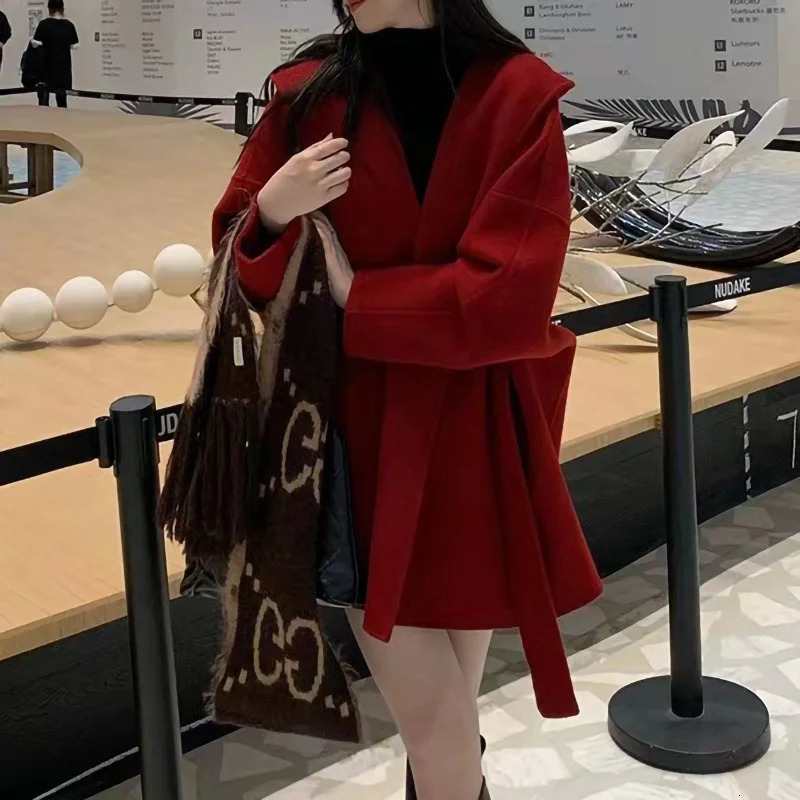 Autumn Winter Real Wool Coat Soft Medium Length Hooded Women Fashion Belted Loose 241018