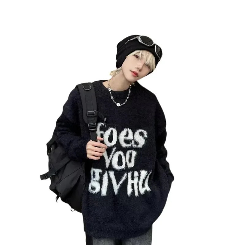 Trendy American Style Knitted Sweater For Men Loose Fit Casual Crew Neck Top Autumnwinter Letter Printed Pullovers 241018