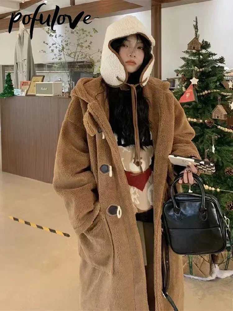 Lamb Wool Coats Woman Fleece Hoodies Jacket Cowhorn Button Loose Coat Winter Warm Female Mid Length Korean Thick OvercoatX241009