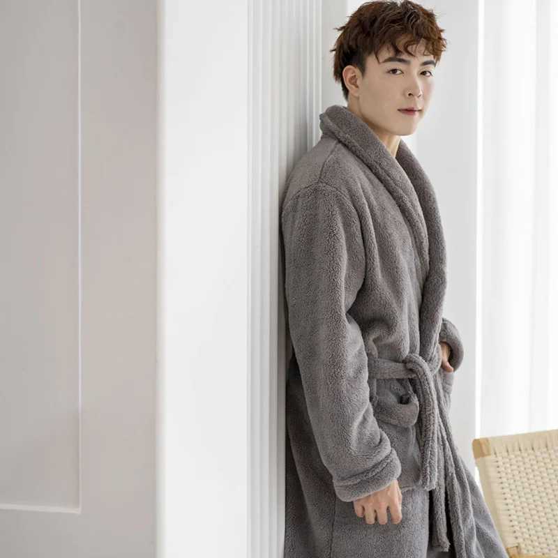 Mens Flannel Sleepwear Robe Couple Coral Fleece Nightgown Nightwear Couple Sexy Bathrobe Kimono Gown Autumn Winter Home ClothesXJ241018