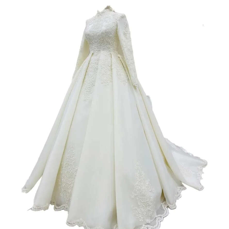 Long Arabic Saudi Muslim Sleeves Wedding Gowns Modest High Neck Lace Applique Beaded Bride Dresses A E Sweep Train Vestidos De Novia AL L