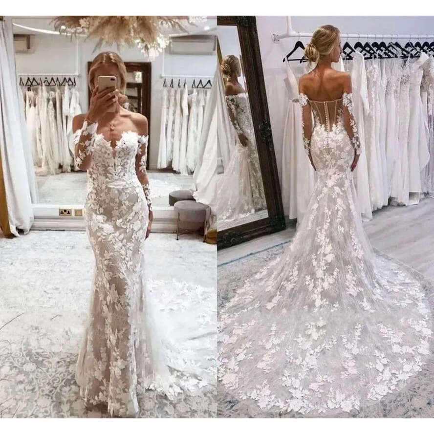 Mermaid New Stunning Dresses Wedding Sexy Backless Off Shoulder Long Sleeves D Lace Appliques Bridal Gowns With Button Covered Back Custom Made Bc