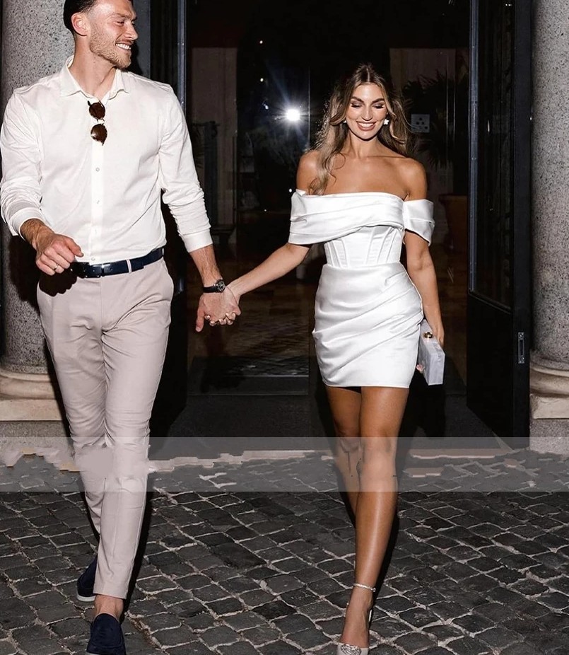 Short Civil Wedding Dresses Sheath Off Shoulder Lace Up Backless Satin Bridal Party Gowns Vestidos De Noiva New