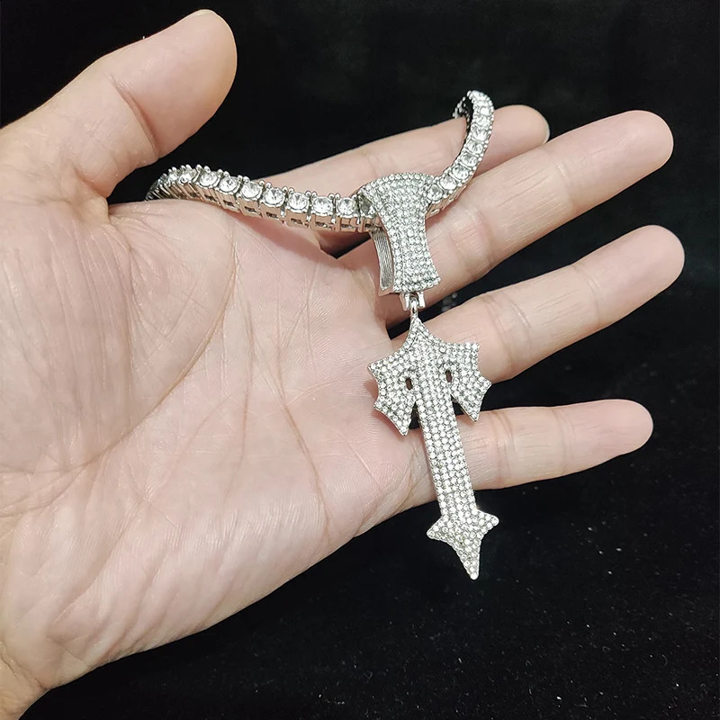 Mens Hip Hop Letter Iced Cross Sword Necklace 4mm Zircon Tennis Chain Hip Hop Pendant Necklace Charm Jewelry 241018