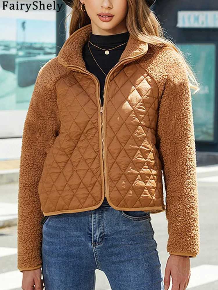 FairyShely 2024 Patchwork Autumn Winter Women Jacket Thick Plush Hooded Long Sleeve Warm Coat Soft Zipper Cardigan Lady CoatX241018