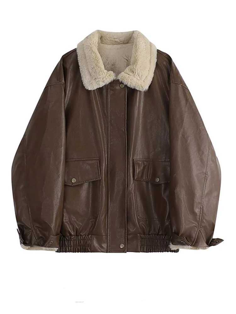 Autumn Winter American Vintage Women Oversize Faux Leather Jacket Padded Old Money Outwear Thick Lambs Wool Classical Warm Y2kX241018