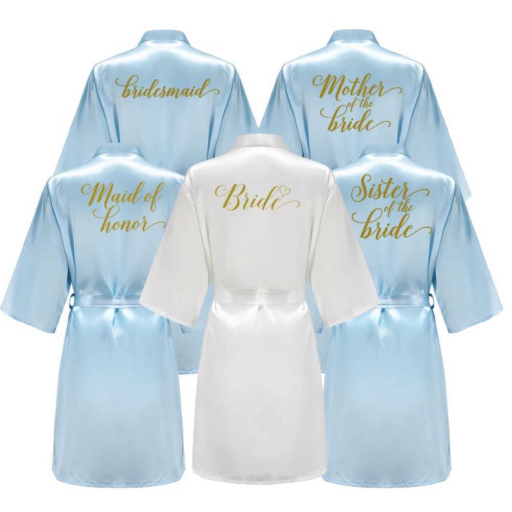 Blue Bride Bridesmaid Robe With Gold Letters Mother Sister Wedding Gift Bathrobe Satin KimonoXJ241018