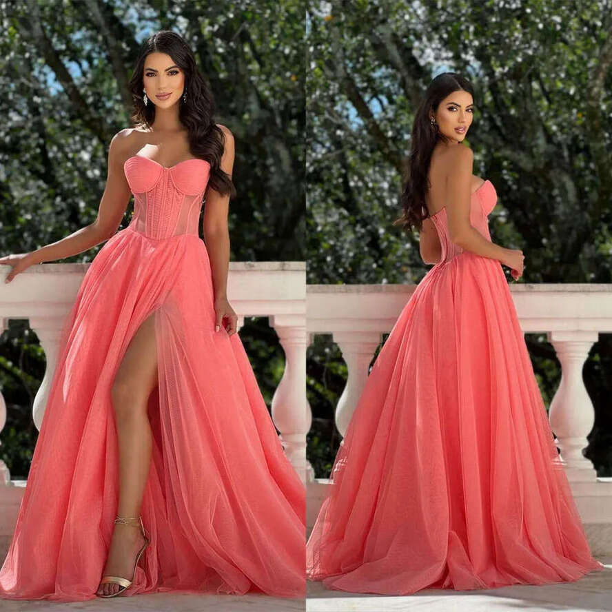 Evening Side Fancy Dresses Split Prom Gown A E Strapless Tulle Party Dress Backless Custom Made Satin Vestidos De Noche 0719