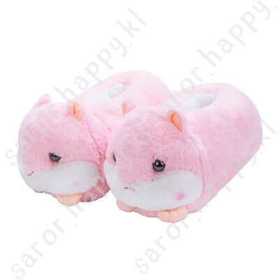 Cute Cartoon Hamster Design House Women Fur Slippers Gray Pink Brown Winter Warm Ladies Plush Shoes Onesize Fluffy Girls Slides 801