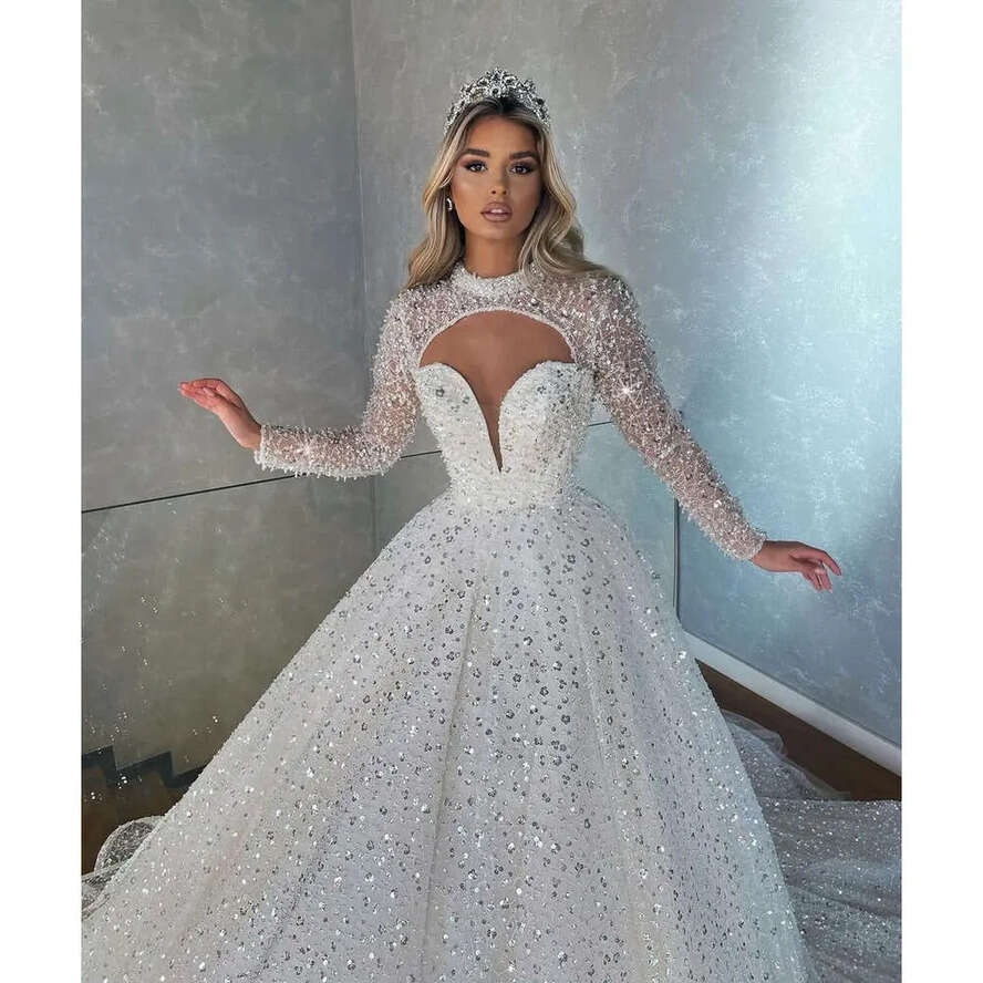 Neck Sexy High Mermaid Long Sleeves Gowns Custom Bridal Made Sequined Race Or Length Wedding Dresses Court Train Satin Ruched Tulle Beach Vestido De N