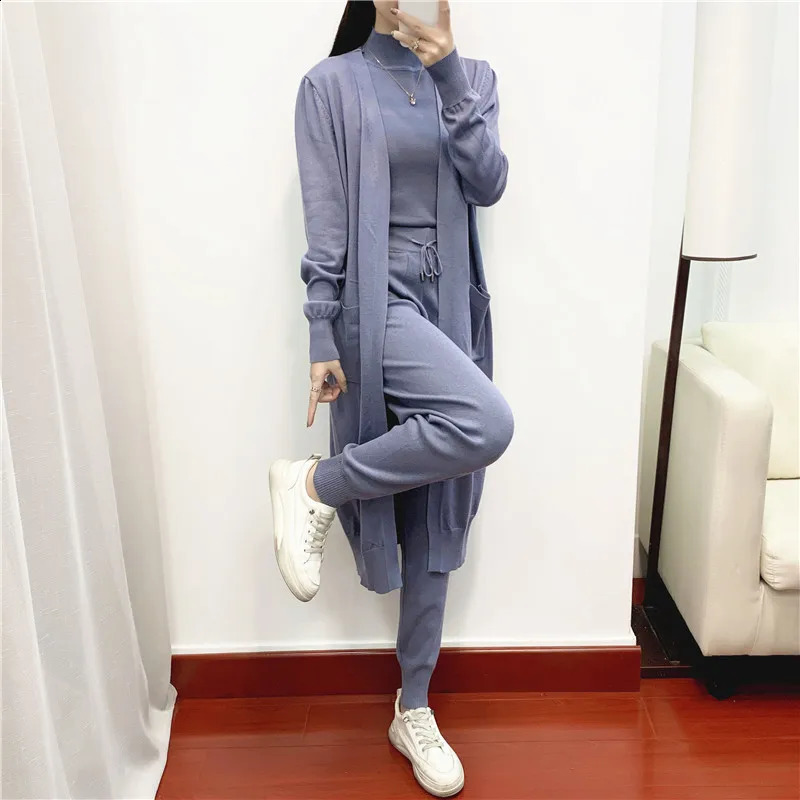 Knitted Pants Sets Women 3 Piece Sets Long Cardigans Autumn Winter Sweater Vest Coffee Fashion Pants Casual Loose Coat 241017