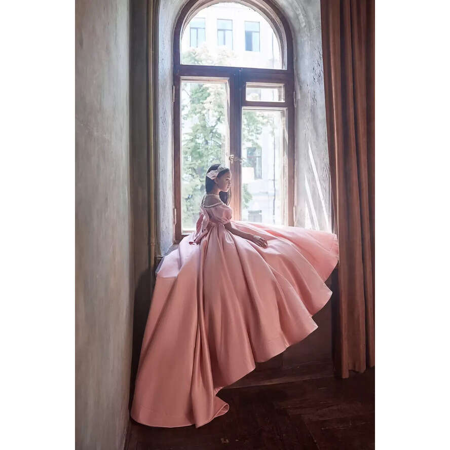 Pink 2022 Girls Cute Pageant Dresses Princess Satin Jewel Neck Short Sleeves Crystal Beads Kids Wer Girl Dress Ball Gown Birthday Gowns Or Length Back