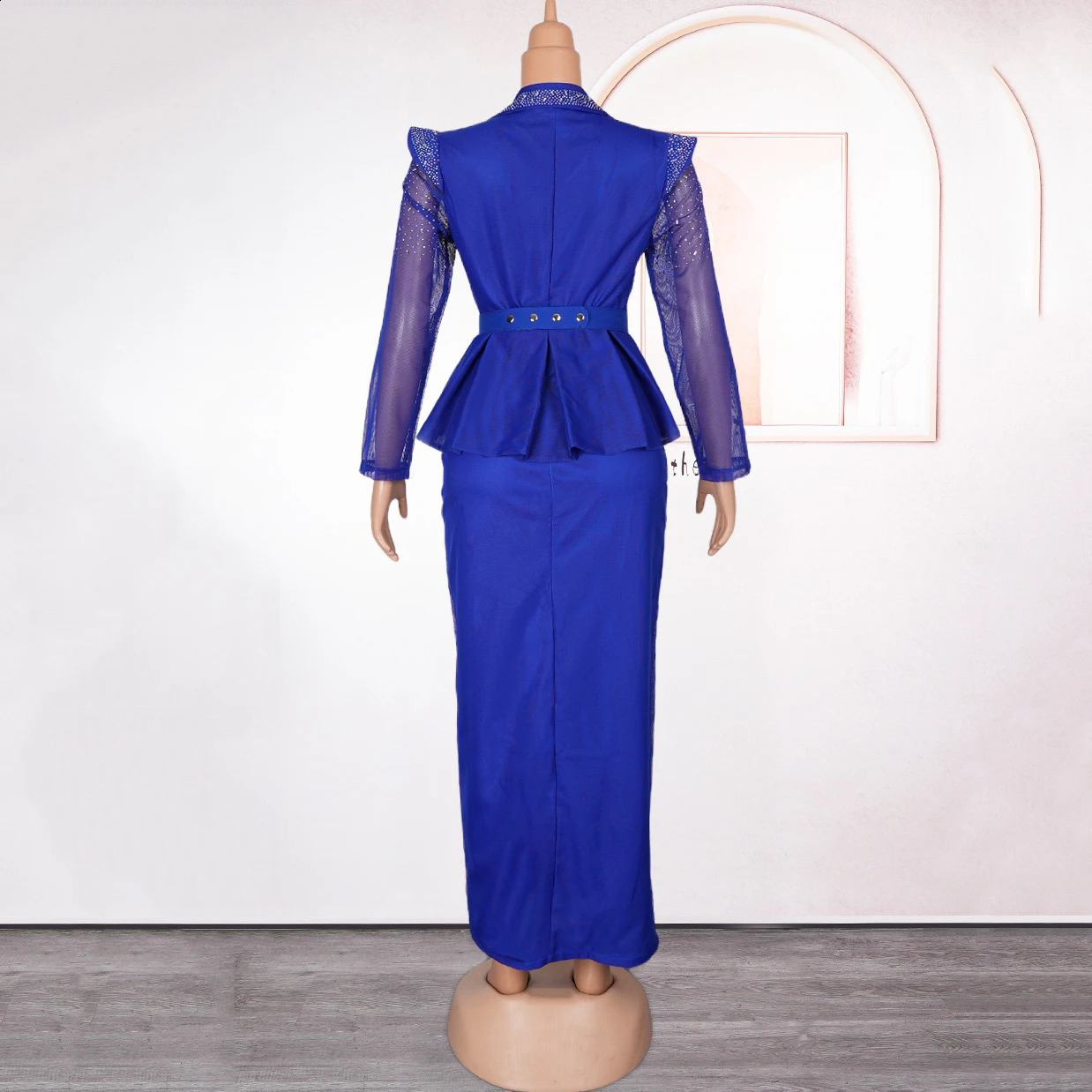 African Womens Elegant 2024 Square Collar Diamond Full Sleeve Waist Belt Side Split Floor Length Birthday Dress 241017